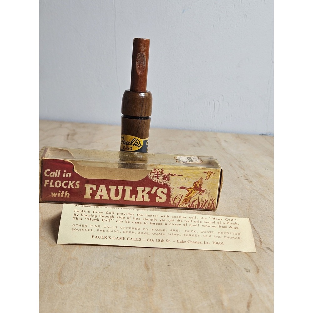 Vintage Faulk's C-50 Crow Call Wood Game Call w/ Original Box Instructions